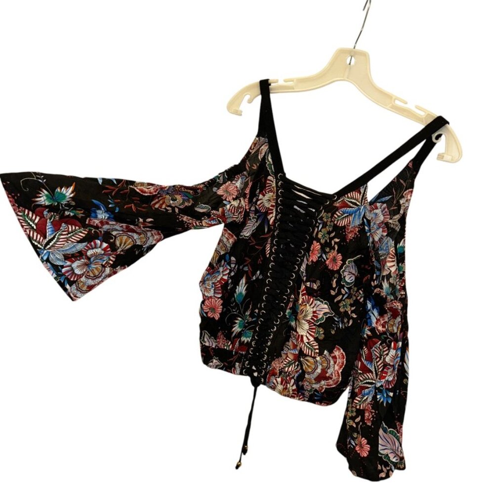 Gianni VERSACE  black floral print lace up front top S